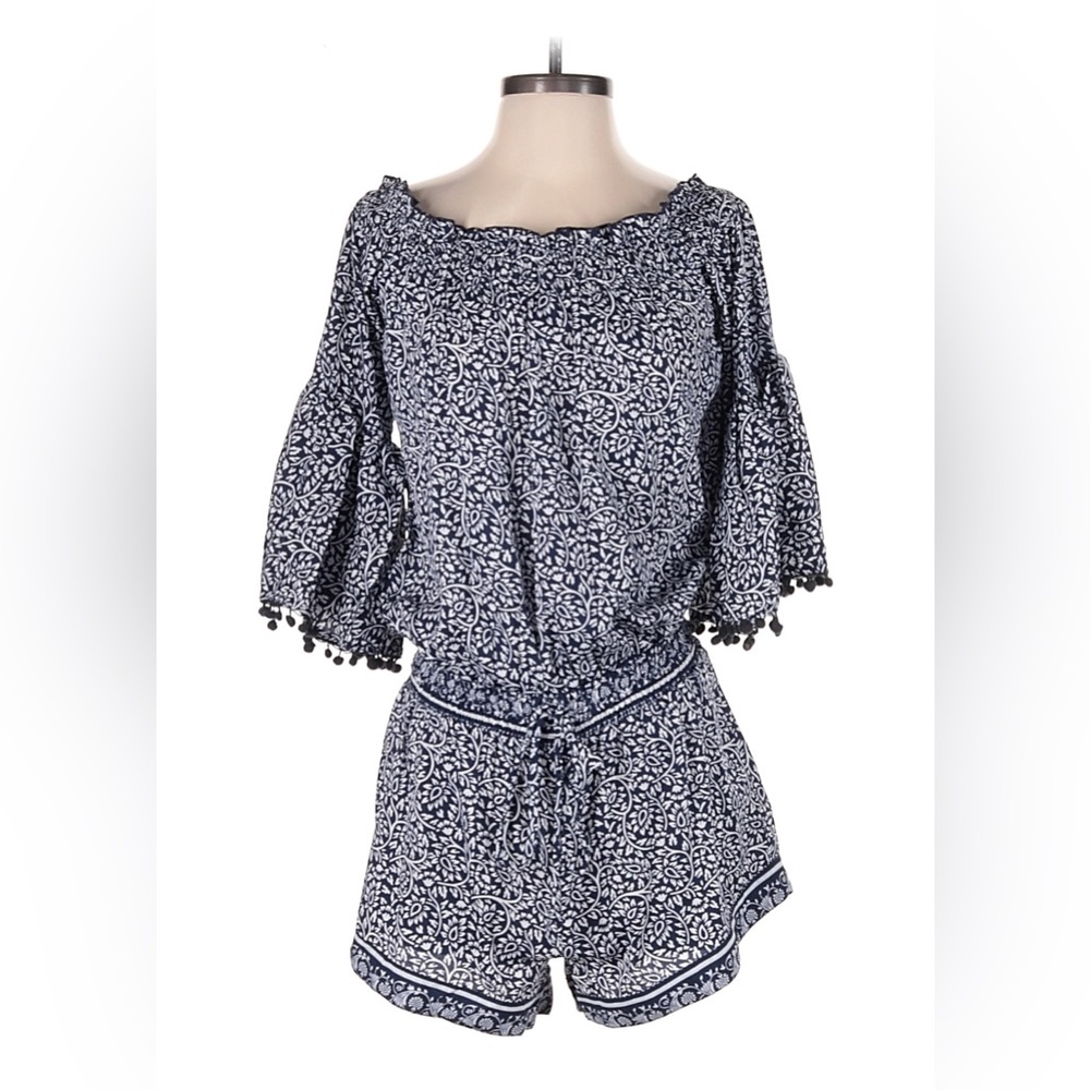 Anthropologie Lilka Vaida Paisley Floral Romper w Pom Pom Sleeves Blue White S